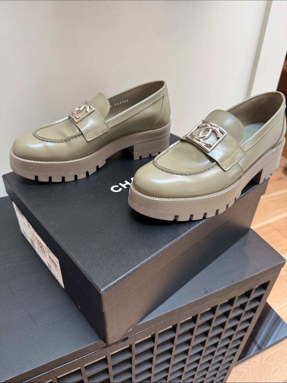 Chanel Khaki Green Leather Lug Sole Loafers